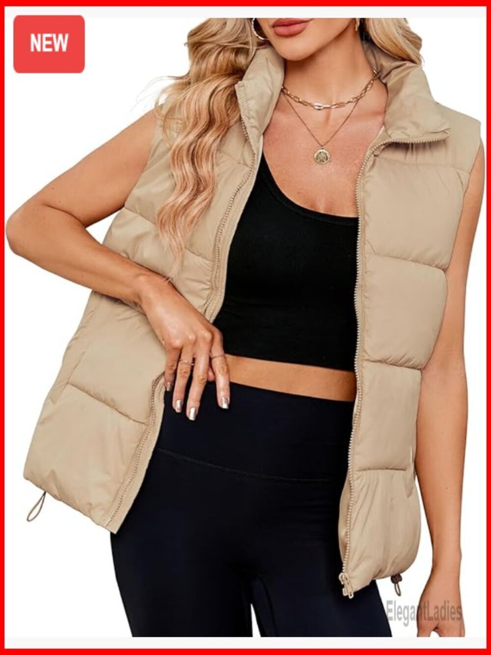 Oversized Puffer Vest with Pockets, Quilted Polyester, Relaxed Fit